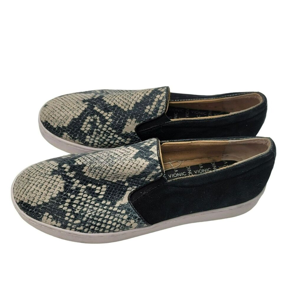 Vionic Loafers Slip On Casual Shoes Python Snake Print Size 7 Black Leatheer
